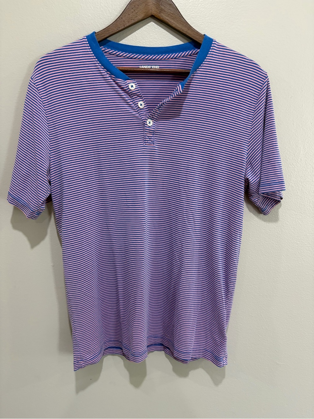 Lands End Striped Short-Sleeve Henley Shirt - Pink/Blue